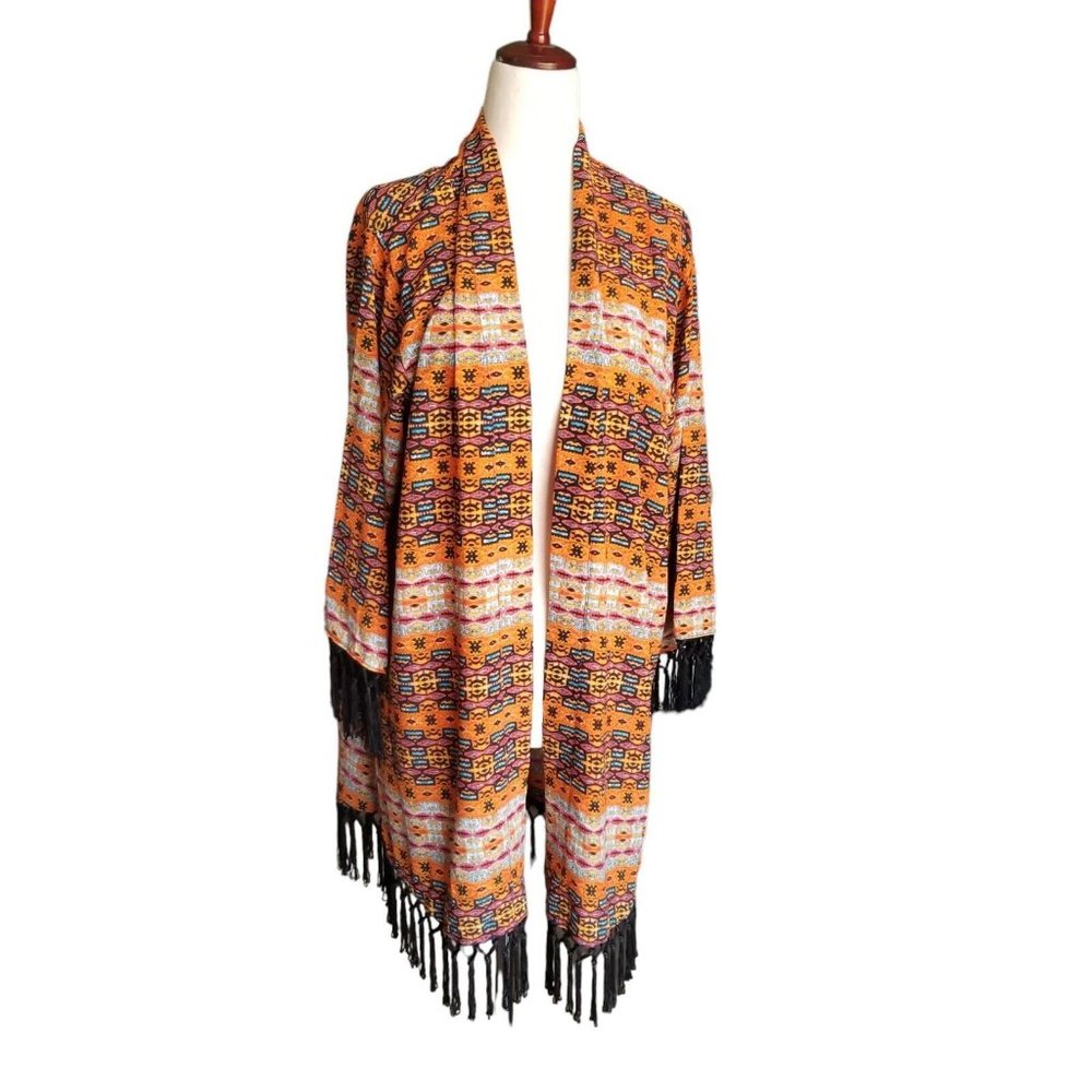Kimono Cover Up Women One Size Kaftan Topper Top Orange Beach Fringe Open Front